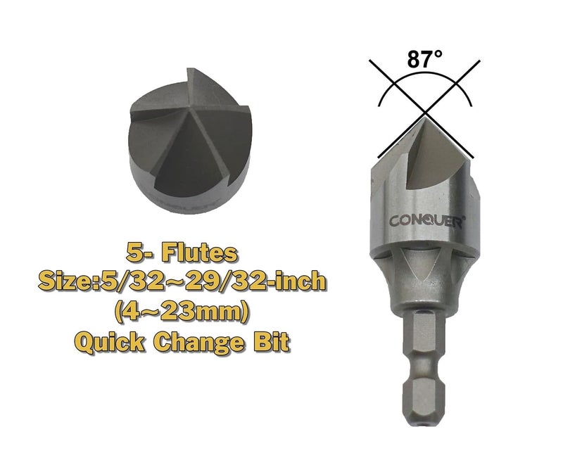Conquer Tools 5 Flute Metal Countersink Drill Bit, 87 Degree for 1/4'' Hex Shank Fit 5/32~29/32-inch(4~23mm) Beveling Chamfer Tool Holes Shaping Trimming, Inner/Pipe Reamer - Image 2